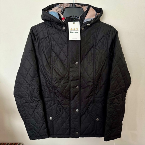NWTs Barbour Womens Millfire Quilted Hooded Jacket. Black/Tartan. Size 4 - Picture 4 of 11